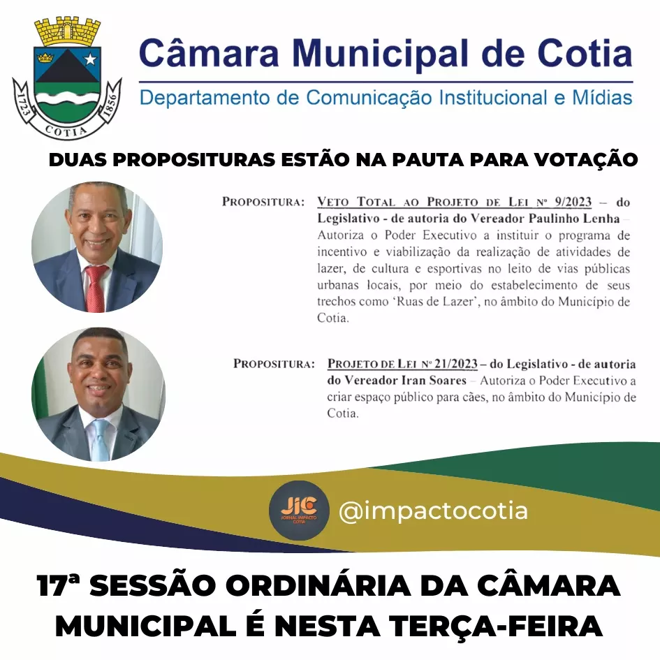 17ª Sessão Ordinária da Câmara Municipal é nesta terça-feira